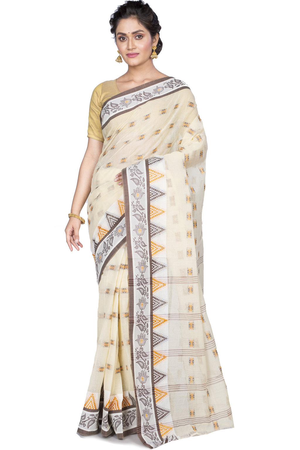 Brown Pure Cotton Alkari Tant Saree (179)